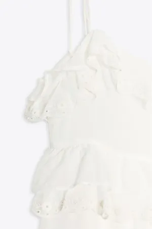Zara White Ruffled Tie-Shoulder Bohemian Lace Trim Mini Dress thumbnail 13