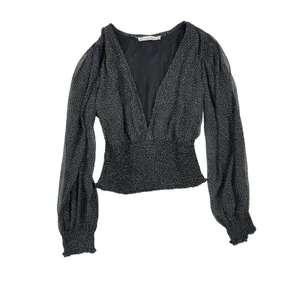 Abercrombie & Fitch Black Polka Dot Smocked‎ Waist Blouse XS Sheer Puff Sleeve thumbnail 2