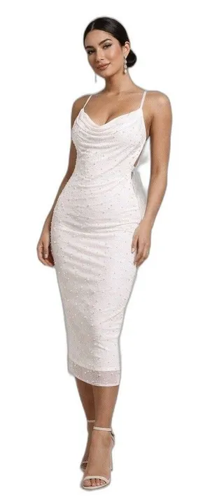 Midnight Doll White Pearl Beaded Midi Dress Small Open Back Rush Birthday thumbnail 1