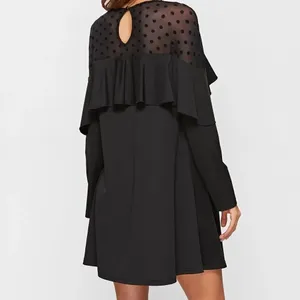 Black Polka Dot Mesh Neck Ruffle Trim A Line Dress thumbnail 5