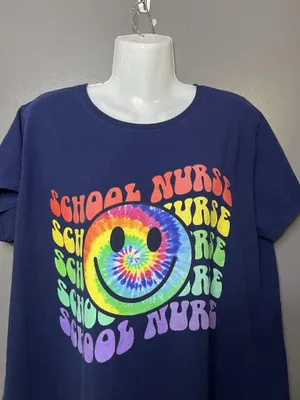 Delta Shirt Womens 2X Blue School Nurse Smiley Face Tie Dye Graphic Tee Shirt thumbnail 1