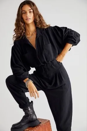Free people Faye black long sleeve jumpsuit Xs thumbnail 1
