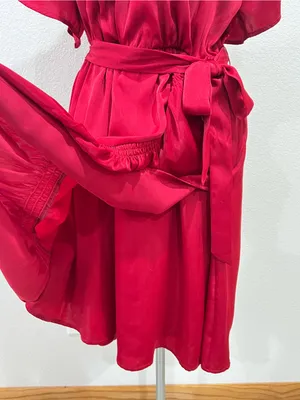 Maurices Deep Red Semi Satin Faux Wrap Ruffle Midi Dress Size Medium thumbnail 5