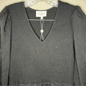Bohme Black Tencel Smocked Tiered V-Neck‎ Long Sleeve Boho Midi Dress thumbnail 4