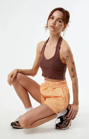 PacSun Brown Ribbed Halter Top V-Neck Open Back‎ Cropped Fitted Medium NWT NEW thumbnail 1