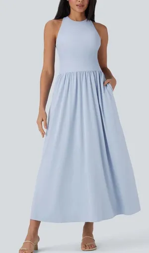 Halara Breezeful A-Line Sleeveless Maxi Dress L Blue Cross Back Casual Travel thumbnail 1
