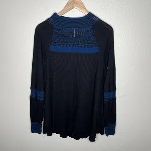 Free People Black Blue Snow Day Knit Thermal Top Medium thumbnail 2
