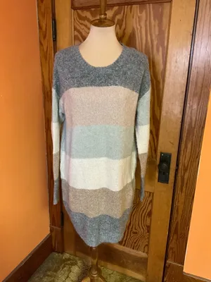 Entro Colorblock Sweater Dress Medium Soft Knit Cozy Neutral Striped Long Sleeve thumbnail 8