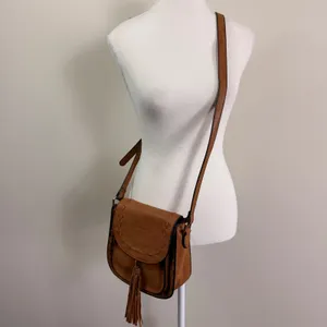 Mellow World Brown Vegan Leather Whipstitch Tassel Crossbody Saddle Bag thumbnail 3