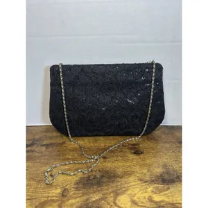 Vintage Black Floral Lace Glitter Evening Bag Gold Tone Chain Strap Formal Purse thumbnail 13