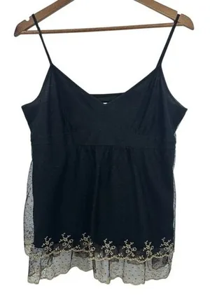 Vintage Y2K Babydoll Sheer Black Gold Cami Top Gold Lace Trim Sleeveless Tank‎ thumbnail 1