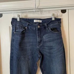 Kancan Women’s Jeans Sz 13 (30) Midrise‎ Flare Leg Dark Wash Raw Hem Western thumbnail 2