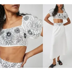 NWT Free People Lotus Set Embroidered Crop Top Maxi Skirt White & Black Size L thumbnail 2