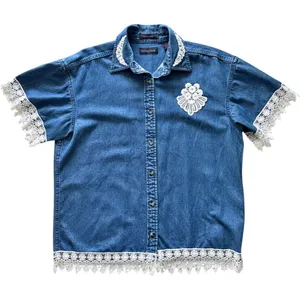 VTG 90s Y2K Blue Denim Short Sleeve Button Down Shirt L Crochet Eyelet Lace Trim thumbnail 1
