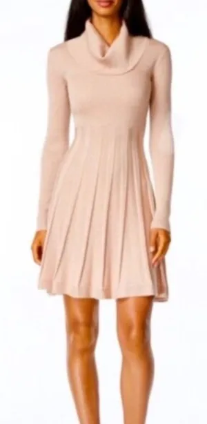 Calvin Klein Womens Blush Pink Cowl Neck Ribbed Pleated Sweater Dress Small thumbnail 1