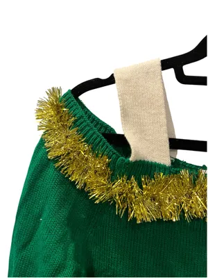 Elf Ugly Christmas Sweater Dress Cold Shoulder Green White Tinsel Trim Small thumbnail 3