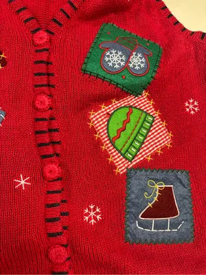 Vintage 90s Holiday Ugly Christmas Red Button Up Cargian Sweater Vest Size XL thumbnail 3