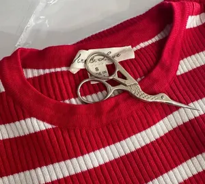 Red White Stripe Sweater Womens XS Ribbed Fitted Pearl Button Sleeve thumbnail 8