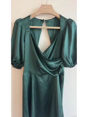Reformation 100% Silk Emerald Green Puff Sleeve Open Back Mini Dress 10 thumbnail 4