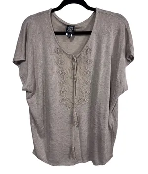 Bobeau‎ XL Tan Crochet Lace V-Neck Top Women's Boho Tassel Short Sleeve thumbnail 1