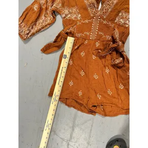 Free People Rust Orange Embroidered Long Sleeve Romper Boho V-Neck Small thumbnail 5