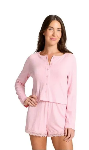 NWT Auden Variegated Ribbed Button Down Pajama Cardigan 94629500 Pink M thumbnail 1