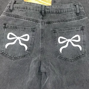 NWT edikted low rise black jeans with pink bow embroidery thumbnail 3