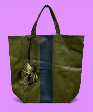Cute olive stripe boujee Saks vegan leather shopper tote floral bag tag thumbnail 1
