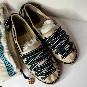 Tory Burch Ribbon Logo Grosgrain Espadrilles Flats cream canvas black ribbon 9 thumbnail 2