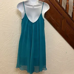 Express Babydoll Dress Womens Teal Blue Sequin Beaded V-Neck‎ Chiffon Small thumbnail 4