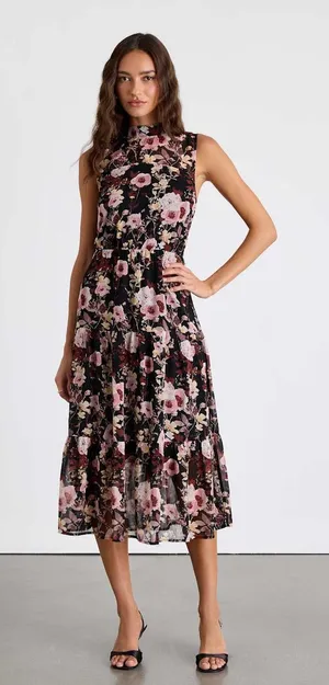 NWT Lulus In My Dreams Black and Pink Floral Print Midi Dress Tiered Cruise Sz S thumbnail 1