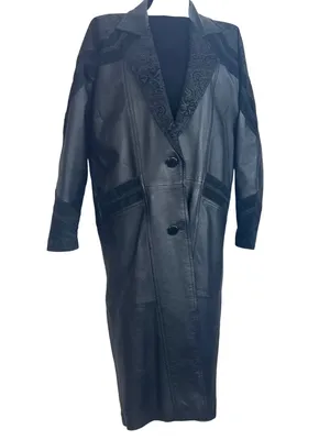 VTG 80s Black Leather Long Trench Duster Coat M Intricate Burnout Suede thumbnail 2