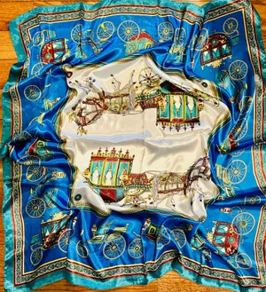 VINTAGE EQUESTRIAN horse&carriage ROYAL BLUE silky SCARF 35’/35’ inches thumbnail 1