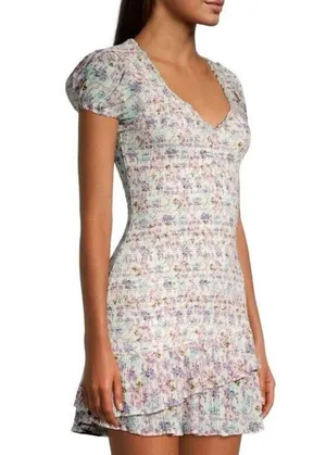 LOVESHACKFANCY Floral Smocked Mini Dress Puff Sleeve Asymmetric Ruffle Coquette thumbnail 2