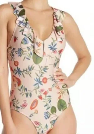 New Free People Medium Pink Peach Floral Ruffle Lace-Up One-Piece Swimsuit thumbnail 1