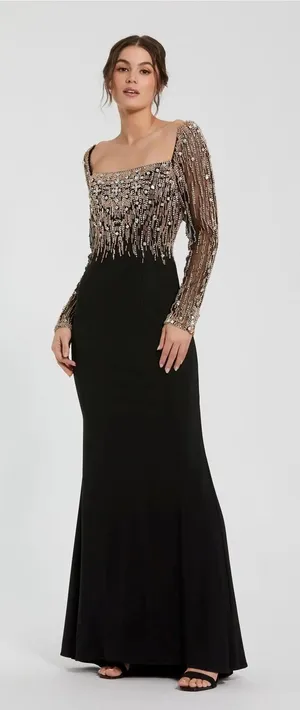 Mac Duggal 2256 Black Beaded Square Neck Long Sleeve Jersey Gown sz 20 NWOT thumbnail 1