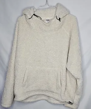 PINK - Victoria's Secret Cream Pullover Polor Fleece Texture Hooded Sweatshirt Sz M thumbnail 1