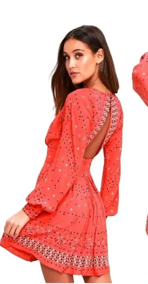 Free People Red Coryn Coral Polka Dot Long Sleeve Fit And Flare Dress Size‎ 0 thumbnail 1