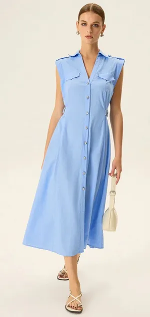 Commence Linen & Cotton V-Neck Midi Dress with Metal Button small thumbnail 1