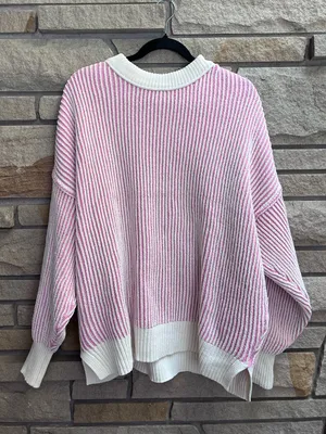 Aerie Beyond Chenille Pink & Cream White Sweater Ribbed Oversized Medium thumbnail 4