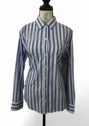 Old Navy Womens Large L Blue White Vertical Striped Button Down Shirt Long NWT thumbnail 1