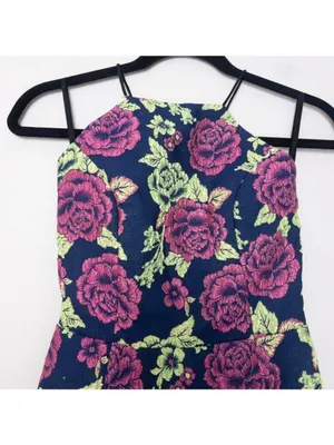 NWT NBD Embroidered Floral Mini Dress S Navy Blue Pink Green Lace Up Bodycon thumbnail 2