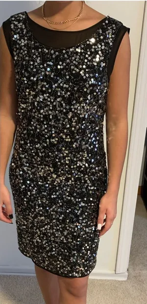 Laundry by Shelli Segal Silver sequin on black dress thumbnail 1