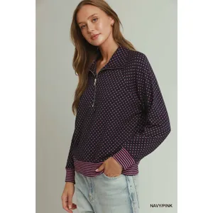 Umgee Polka Dot Half Zip Sweatshirt - Navy/Pink - Medium thumbnail 2