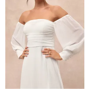NEW Lulus Adorna White Off-the-Shoulder Semi-Sheer Button Chiffon Maxi Dress XL thumbnail 3