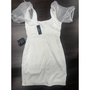 Lulus White Organza Mesh‎ Puff Sleeve Mini Dress Size Medium NWT thumbnail 4