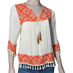 Misa Los Angeles Women’s Size M Cream Saffron Print Marcella Tassel Blouse Top thumbnail 3