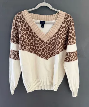 Daytrip Womens Leopard Print V-Neck Sweater Cream Brown Chevron Fall Medium thumbnail 1