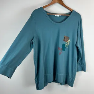 Prairie Cotton Tunic Top Womens Large Green 3/4 Sleeve Knit‎ Artsy Art To Wear L thumbnail 5