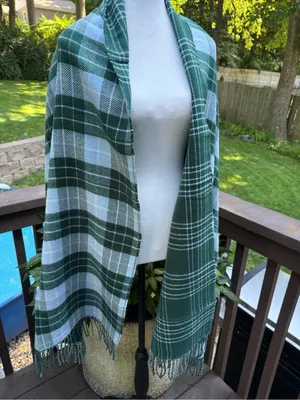 J.CREW Women's Green Gray Plaid Fringe Knit Acrylic Wrap Scarf thumbnail 4
